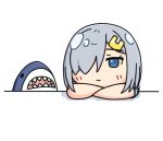  1girl blue_eyes commentary_request crossed_arms grey_hair hair_ornament hair_over_one_eye hairclip hama!_(3toshinhmkz) hamakaze_(kancolle) kantai_collection no_nose short_hair simple_background solo stuffed_animal stuffed_shark stuffed_toy upper_body white_background 