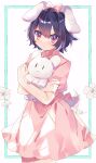  1girl absurdres animal_ears black_hair blue_eyes bow collared_dress commentary_request cowboy_shot dot_mouth dress floppy_ears flower gradient_eyes hair_bow haruwaka_064 highres holding inaba_mob_(touhou) inaba_tewi looking_at_viewer multicolored_eyes one-hour_drawing_challenge pink_bow pink_dress puffy_short_sleeves puffy_sleeves purple_eyes rabbit_ears rabbit_girl rabbit_tail short_hair short_sleeves solo tail touhou white_flower 