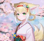  1girl absurdres animal_ear_fluff animal_ears arknights blonde_hair blush braid cherry_blossoms closed_mouth commentary crossed_bangs english_commentary flower fox_ears fox_girl fox_tail green_eyes hair_flower hair_ornament hairband highres japanese_clothes kimono kitsune kyuubi multicolored_hair multiple_tails obi official_alternate_costume pink_kimono red_hairband sash short_hair smile solo suzuran_(arknights) suzuran_(yukibare)_(arknights) tail twin_braids two-tone_hair upper_body white_hair yibanmaotou 