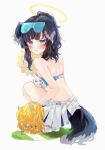  1girl 3ar_co :t animal_ears bare_arms bare_shoulders black_hair blue_archive blush breasts cheerleader closed_mouth dog_ears dog_girl dog_tail eyewear_on_head goggles goggles_on_head halo hibiki_(blue_archive) hibiki_(cheer_squad)_(blue_archive) highres looking_at_viewer looking_back millennium_cheerleader_outfit_(blue_archive) miniskirt official_alternate_costume pleated_skirt pom_pom_(cheerleading) pout simple_background skirt solo squatting sunglasses sweat tail white_background white_skirt yellow_halo 