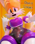  2_tails 3d_(artwork) anthro armwear bulge canid canine clothed clothing crossdressing curvy_figure digital_media_(artwork) elbow_gloves embarrassed fox glistening glistening_clothing gloves handwear hi_res latex looking_at_viewer male mammal miles_prower multi_tail open_mouth rouge_the_bat rubber sega solo sonic_the_hedgehog_(series) tail tailsltx thick_thighs tight_clothing 