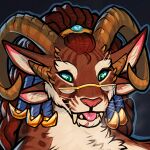  4_ears 4_horns anthro charr eyewear fangs felid female glasses guild_wars horn low_res mammal multi_ear multi_horn portrait solo teeth tongue tongue_out vateo 