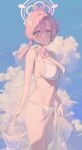  1girl absurdres airseal bikini blue_archive blue_sky blush breasts cleavage cloud feet_out_of_frame floating_hair hair_bun halo halterneck highres large_breasts looking_at_viewer mimori_(blue_archive) mimori_(swimsuit)_(blue_archive) navel official_alternate_costume outdoors pink_hair sarong see-through_sarong sideboob sidelocks simple_bird single_side_bun sky smile solo stomach string_bikini swimsuit white_bikini 