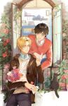  2boys ash_lynx banana_fish black_cat blonde_hair blue_shirt bouquet brick_wall brown_eyes brown_hair brown_jacket cat couple cowboy_shot denim eye_contact flower green_eyes holding holding_bouquet holding_hands jacket jeans layered_clothes leaning_back leaning_forward looking_at_another male_focus multiple_boys okumura_eiji open_clothes open_jacket open_mouth open_window pants plant red_flower red_rose red_sweater rose shirt short_hair sweater sweater_vest upper_body vidave1 vines waiting white_shirt window yaoi yellow_sweater_vest 