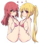  2girls :p asymmetrical_docking bikini blonde_hair blush bocchi_the_rock! breast_press breasts collarbone cropped_torso gold_bikini green_eyes hair_between_eyes heart highres ijichi_nijika kita_ikuyo long_hair looking_at_viewer mel_(melty_pot) multiple_girls navel one_side_up parted_lips red_bikini red_eyes red_hair side_ponytail simple_background small_breasts smile swimsuit tongue tongue_out upper_body white_background yellow_bikini yuri 