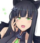  1girl animal_ear_fluff animal_ears bare_shoulders black_dress black_hair blue_archive blush breasts cleavage collarbone covered_collarbone dress fur_trim green_eyes halo high_ponytail medium_breasts open_mouth ponytail shun_(blue_archive) smile solo upper_body vivid_paint white_background 