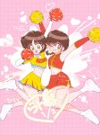  2girls blush braid brown_hair character_name cheerleader chinese_clothes clothes_writing copyright_name gold_trim grid_background heart highres holding holding_pom_poms long_sleeves miniskirt multiple_girls one_eye_closed open_mouth pink_background pleated_skirt pom_pom_(cheerleading) punch121ykk ranma-chan ranma_1/2 shirt shoes short_hair side_slit skirt smile sneakers tendou_akane white_footwear yellow_shirt yellow_skirt 