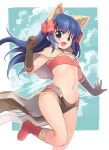  1girl animal_ear_fluff animal_ears bangs bikini bikini_top_only blue_eyes blue_hair blush boots bow brown_capelet brown_gloves capelet cat_ears commentary_request elbow_gloves emurin flat_chest foot_out_of_frame gloves hair_bow highres long_hair looking_at_viewer mage_(ragnarok_online) majiko_(emurin) midriff navel open_mouth pelvic_curtain ragnarok_online red_bikini red_bow red_footwear red_skirt showgirl_skirt skirt smile solo star-shaped_pupils star_(symbol) strapless strapless_bikini swimsuit symbol-shaped_pupils 