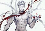  1boy abs absurdres aqua_eyes blood bodysuit commentary crushing english_commentary hand_up highres male_focus millions_knives mole mole_under_eye monochrome pectorals raku7560 short_hair simple_background skeletal_wings skin_tight solo spot_color toned toned_male trigun upper_body wings 
