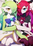  2girls absurdres animalization black_skirt black_thighhighs blue_eyes blush ceres_fauna cosplay dress erica_hartmann flower gardevoir gardevoir_(cosplay) getto grey_hair hair_flower hair_ornament hair_over_one_eye hand_on_another&#039;s_thigh heart heart_hands heart_hands_duo highres hololive hololive_english interlocked_fingers invisible_chair irys_(hololive) looking_at_viewer multiple_girls open_mouth pink_hair pokemon pokemon_(creature) sitting skirt thighhighs white_dress yellow_eyes 