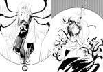  2girls absurdres angel_wings closed_eyes closed_mouth cup dress greyscale highly_responsive_to_prayers highres holding holding_cup holding_sword holding_wand holding_weapon horns japanese_clothes kaigen_1025 katana konngara_(touhou) long_sleeves monochrome multiple_girls multiple_wings oni_horns ponytail sakazuki sariel_(touhou) sword touhou touhou_(pc-98) wand weapon wide_sleeves wings 