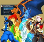  2023 anthro bayleef breasts canid canine canis charizard domestic_dog dragon english_text fangs female generation_1_pokemon generation_2_pokemon generation_3_pokemon generation_4_pokemon generation_7_pokemon group herpestid hi_res lagomorph leporid lizard lopunny lucario mammal marine mega_evolution mega_lopunny membrane_(anatomy) membranous_wings mongoose nidoqueen nintendo pinniped pokemon pokemon_(species) primarina project00wolfen rabbit reptile scalie screencap seal simple_background teeth text wings zangoose 