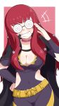  1girl absurdres adjusting_eyewear amagumo1023 belt black_cape blush bodysuit cape chest_strap choker clothing_cutout facial_mark fire_emblem fire_emblem_engage glasses gold_belt hair_ornament highres long_hair opaque_glasses pink_choker purple_bodysuit red_hair side_cutout smile solo star_(symbol) star_facial_mark star_hair_ornament yellow_belt yunaka_(fire_emblem) 