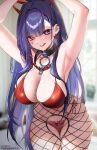  1girl :q akuma_nihmune armpits arms_up ass_visible_through_thighs belt_collar bikini blurry blurry_background blush breasts choker cleavage collar demon_girl demon_horns ear_piercing earrings facial_mark facial_tattoo fake_horns fishnet_pantyhose fishnets heart heart_facial_mark heart_tattoo highres horns indie_virtual_youtuber jewelry lace-trimmed_panties lace_trim large_breasts long_hair looking_at_viewer mole navel panties pantyhose patreon_username piercing purple_hair red_bikini red_eyes side-tie_panties solo swimsuit tattoo thigh_gap thighs tofuubear tongue tongue_out underwear very_long_hair virtual_youtuber wet 