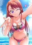  1girl bikini blue_sky breasts brown_hair collarbone cowboy_shot hanzou heart heart-shaped_pupils highres hijiri_ageha hirogaru_sky!_precure long_hair midriff ocean outdoors precure purple_eyes sky smile solo swept_bangs swimsuit symbol-shaped_pupils twitter_username 