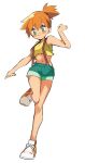  1girl bare_arms bare_legs blush_stickers breasts closed_mouth commentary_request eyelashes green_eyes green_shorts highres kanzo_foiegras knees leg_up misty_(pokemon) navel orange_hair pokemon pokemon_(anime) pokemon_(classic_anime) shirt shoes short_shorts shorts simple_background sleeveless sleeveless_shirt smile sneakers solo standing standing_on_one_leg suspenders underboob white_background white_footwear yellow_shirt 