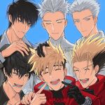  6+boys ^_^ black_eyes black_hair black_shirt blonde_hair blue_background cigarette closed_eyes closed_mouth earrings fingerless_gloves gloves hand_on_another&#039;s_head highres jacket jewelry looking_away male_focus millions_knives mole mole_under_eye mouth_hold multiple_boys natsushio_(x2i2a) nicholas_d._wolfwood one_eye_closed open_mouth red_jacket shirt single_earring smile spiked_hair trigun trigun_stampede twitter_username undercut upper_body v-shaped_eyebrows vash_the_stampede white_eyes white_hair white_shirt 