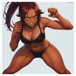  1girl absurdres ai-generated artist_name ass_visible_through_thighs black_bra black_nails black_panties black_underwear bleach blush bra breasts cleavage clenched_hands dark-skinned_female dark_skin fighting_stance highres large_breasts leaning_forward muscular muscular_female nail_polish navel orange_eyes panties parted_lips ponytail prixmal purple_hair shihouin_yoruichi smile solo thick_thighs thighs underwear underwear_only 