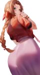  1girl absurdres aerith_gainsborough aqua_eyes blush bracelet braid braided_ponytail dress final_fantasy final_fantasy_vii final_fantasy_vii_remake from_behind highres jacket jewelry long_hair looking_at_viewer looking_back orange_hair purple_dress red_jacket rororo short_sleeves simple_background smile solo very_long_hair whip 
