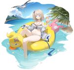  1girl absurdres azur_lane bare_shoulders beach bikini bird blonde_hair blue_eyes breasts cleavage cocktail_glass cup drinking_glass eyepatch frilled_bikini frills highres holding inflatable_duck innertube jacket jewelry large_breasts le_terrible_(azur_lane) le_terrible_(sunlight_seaspray_and_sanctity)_(azur_lane) leg_up long_sleeves looking_at_viewer navel necklace ocean off_shoulder official_alternate_costume one_side_up open_clothes open_jacket open_mouth outdoors puffy_sleeves seagull shibuya_(kurokamishain) short_hair smile solo stomach swimsuit thighs white_bikini white_jacket 
