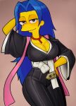  1girl bleach blue_hair breasts colored_skin cosplay cowboy_shot eyelashes hand_on_own_hip highres japanese_clothes jewelry large_breasts long_hair loodncrood looking_at_viewer marge_simpson matsumoto_rangiku matsumoto_rangiku_(cosplay) necklace pearl_necklace simple_background smile solo the_simpsons yellow_skin 