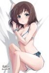  1girl :o arm_behind_head arm_up artist_name bed_sheet bikini blue_eyes bob_cut bracelet breasts brown_hair cleavage commentary_request from_above haruhata_mutsuki jewelry knees_up legs looking_at_viewer lying medium_breasts navel on_bed on_side onjouji_toki parted_lips revision saki saki_achiga-hen short_hair side-tie_bikini_bottom signature solo swimsuit twitter_username wet wet_hair white_bikini 