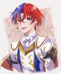 1boy alear_(fire_emblem) alear_(male)_(fire_emblem) blue_eyes blue_hair cape fire_emblem fire_emblem_engage hair_between_eyes heterochromia highres multicolored_hair open_mouth red_eyes red_hair short_hair simple_background smile solo two-tone_hair upper_body yutohiroya 