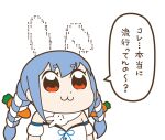  1girl :3 animal_ears ascii_art bkub_(style) blue_hair braid carrot_hair_ornament closed_mouth don-chan_(usada_pekora) dot_nose extra_ears food-themed_hair_ornament fur_scarf hair_ornament hololive kumaane long_hair looking_at_viewer meme multicolored_hair parody rabbit_ears rabbit_girl red_eyes scarf short_eyebrows sidelocks simple_background solo speech_bubble style_parody thick_eyebrows translated twin_braids twintails twitter_rabbit_ears_(meme) two-tone_hair upper_body usada_pekora usada_pekora_(1st_costume) virtual_youtuber white_background white_hair white_scarf 
