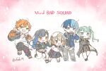  2boys 3girls aoyagi_touya azusawa_kohane baseball_cap belt black_hair blonde_hair blue_hair blue_jacket blush brown_eyes closed_mouth coat commentary_request crossed_arms dark_blue_hair drawstring earrings full_body gradient_hair green_eyes green_hair grey_eyes grey_pants hair_ornament hat hatsune_miku highres holding holding_microphone hood hood_down hoodie jacket jacket_over_hoodie jewelry lapels light_brown_hair long_hair long_sleeves microphone midriff mole mole_under_eye multicolored_hair multiple_boys multiple_girls necklace notched_lapels open_clothes open_jacket open_mouth orange_eyes orange_hair pants partial_commentary project_sekai sa-fu_(sfmk39) shinonome_akito shiraishi_an short_hair short_twintails split-color_hair standing star_(symbol) star_hair_ornament streaked_hair twintails twitter_username two-tone_hair vivid_bad_squad_(project_sekai) vivid_bad_squad_miku vocaloid white_hoodie white_pants 