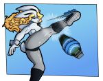  action_pose angry anthro athletic blonde_hair blue_eyes border bunny_costume butt clothed clothing costume criminalbunnydraws easter explosives female footwear gradient_background grenade hair hi_res holidays kick lagomorph leporid long_hair mammal pose rabbit shoes simple_background sneakers snowdrop_(criminalbunnydraws) solo weapon white_body 