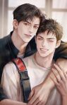  2boys adidas backpack bag blurry blurry_background brown_hair character_request closed_eyes copyright_request dong2342 hug hug_from_behind indoors jewelry looking_at_viewer male_focus multiple_boys parted_lips realistic ring smile window yaoi 