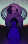  1boy 1girl arms_at_sides blue_theme blurry blurry_background child glowing glowing_eyes hand_on_own_face hands_up height_difference highres hooded_robe looking_at_viewer millions_knives multiple_monochrome one_eye_covered purple_theme robe rokuga1 short_hair spiked_hair standing tesla_(trigun) trigun trigun_stampede 