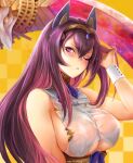  1girl animal_ears artist_name bad_id bad_pixiv_id blush breasts character_request clothing_cutout commentary destiny_child fake_animal_ears gem hair_between_eyes hand_in_own_hair hand_up large_breasts long_hair looking_at_viewer neck_ribbon notprimula one_eye_closed purple_eyes purple_gemstone purple_hair purple_ribbon ribbon shirt sideboob sleeveless sleeveless_shirt solo tiara underboob underboob_cutout upper_body white_shirt wrist_cuffs 