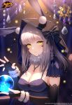  1girl absurdres animal_ears black_gloves blue_dress braid breasts bshi_edayo cleavage crystal_ball detached_sleeves dress elbow_gloves facial_mark fingerless_gloves fur_trim gloves highres hood kaavi mahjong_soul official_art rabbit_ears solo white_hair 