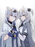  2girls black_gloves black_sailor_collar blue_ribbon bodysuit breasts cape clothes_writing fuyutsuki_(kancolle) gloves grey_cape grey_eyes grey_hair grey_jacket grey_neckerchief grey_shawl hachimaki hair_between_eyes headband highres holding_hands jacket kantai_collection long_hair medium_breasts multiple_girls neckerchief one_side_up ribbon rukialice sailor_collar school_uniform shawl smile suzutsuki_(kancolle) white_bodysuit white_headband white_neckerchief white_sailor_collar 