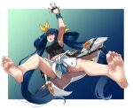  1girl arm_support arm_up armpits bare_legs barefoot black_shirt blue_hair blue_shorts blush border breasts clothes_around_waist cosplay crop_top dizzy_(guilty_gear) eiji_(eiji) english_text feet foot_focus foreshortening full_body groin guilty_gear guilty_gear_strive guilty_gear_xrd hair_between_eyes hair_ribbon hair_rings highres large_breasts long_hair nail_polish open_mouth red_eyes red_nails ribbon shirt shorts sideboob sin_kiske sin_kiske_(cosplay) solo toes toned twintails white_border yellow_ribbon 