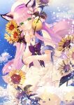  1girl anchor_symbol animal_ear_fluff animal_ears azur_lane bird blue_sailor_collar blue_sky chick cloud dress flower fox_ears green_eyes hair_ornament hanazuki_(azur_lane) hand_up hat highres holding holding_flower light_blush long_hair looking_at_viewer manjuu_(azur_lane) moo_(umineko) pink_hair reflection sailor_collar short_sleeves sky smile sunflower white_dress white_headwear 