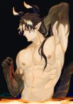  1boy abs absurdres arknights armpits bara black_hair black_skin chong_yue_(arknights) colored_skin dragon_boy dragon_horns gradient_skin hand_in_own_hair hand_up highres horns large_pectorals le_zhang_zhang male_focus molten_rock multicolored_hair muscular muscular_male nipples nude pectorals pointy_ears presenting_armpit red_eyes shaved_body solo stomach streaked_hair very_sweaty 