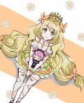  1girl blonde_hair bow butterfly_hair_ornament celine_(fire_emblem) character_doll crown doll dress dress_bow fire_emblem fire_emblem_engage green_bow green_eyes hair_ornament hair_rings highres holding holding_doll hortensia_(fire_emblem) jewelry long_hair looking_at_viewer looking_up necklace oda32t official_alternate_costume orange_bow pink_hair smile thighhighs very_long_hair white_dress wrist_bow 