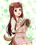  1girl animal_ears blunt_bangs dog_ears dog_tail gloves hood hoodie idolmaster idolmaster_million_live! idolmaster_million_live!_theater_days long_hair official_art open_mouth overalls pink_overalls red_eyes red_hair simple_background smile solo tail tanaka_kotoha white_hoodie 