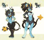  angry anthro anthrofied bandage big_breasts breasts chest_tuft claws collar duo featureless_breasts featureless_crotch female generation_4_pokemon hands_on_hips hi_res inner_ear_fluff looking_at_viewer luxio luxray markings navel nintendo paws pokemon pokemon_(species) scar simple_background size_difference thick_thighs tuft waspsalad 