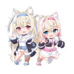  2girls :d ame. animal_ear_fluff animal_ears belt belt_buckle black_collar black_jacket blonde_hair blue_belt blue_eyes blue_hair blue_hairband blue_nails breasts brown_socks buckle chain chibi claw_pose collar commentary_request crop_top dog_ears dog_girl dog_tail dress fang fishnet_socks fishnet_thighhighs fishnets full_body fur-trimmed_jacket fur_trim fuwawa_abyssgard hair_between_eyes hair_ornament hairband hairclip hand_up headphones headphones_around_neck highres hololive hololive_english jacket kneehighs long_hair looking_at_viewer medium_breasts midriff mococo_abyssgard multicolored_hair multiple_girls nail_polish navel open_clothes open_jacket pink_belt pink_hair pink_hairband pink_nails red_eyes shoes shorts simple_background single_thighhigh smile socks standing standing_on_one_leg streaked_hair tail thighhighs two_side_up very_long_hair virtual_youtuber white_background white_dress white_footwear white_shorts x_hair_ornament 
