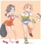  2girls american_beaver_(kemono_friends) animal_ears beaver_ears beaver_tail black-tailed_prairie_dog_(kemono_friends) blush breasts brown_eyes dirty dirty_clothes dripping grey_hair hair_ornament hairclip highres implied_yuri kemono_friends large_breasts maki_(02uh14l1b740ao2) multicolored_hair multiple_girls overall_skirt panties removing_shoes shirt shoes short_hair single_shoe socks suspenders tail underboob underwear wet wet_clothes wet_shirt wringing wringing_clothes 