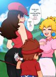  1boy 2girls annoyed ass ass_grab blonde_hair blush breasts brown_hair closed_eyes donkey_kong_(series) ear_piercing english_text from_behind golf golf_club golf_pauline golf_peach grabbing grabbing_another&#039;s_ass groping highres holding holding_golf_club long_hair looking_at_viewer looking_back mario mario_(series) mario_golf multiple_girls nintendo open_mouth pauline_(mario) piercing princess_peach scocks4you smile speech_bubble sweatdrop teeth upper_teeth_only 