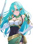  1girl aqua_hair armor bare_shoulders bow braid breastplate breasts chloe_(fire_emblem) commentary_request covered_navel cowboy_shot elbow_gloves fire_emblem fire_emblem_engage gloves green_eyes green_skirt hair_bow hand_on_own_chest highres large_breasts long_hair looking_at_viewer mugitoro_(dsfv2277) orange_bow shoulder_armor skirt smile solo standing very_long_hair white_gloves 