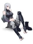  1girl abs absurdres ak-15_(girls&#039;_frontline) boots breasts elbow_gloves girls&#039;_frontline gloves highres large_breasts long_hair looking_at_viewer navel purple_eyes simple_background sitting solo stomach swept_bangs tactical_clothes tank_top white_background white_hair yat_(tsmn7245) 