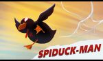  animal animal_print bird character_name duck full_body highres letterboxed looking_at_viewer mafiaduck_(nilan) marvel nilan_1999 no_humans orange_background original solo spider-man spider-man_(series) spider_print 