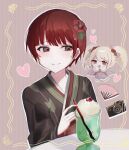  2girls :d black_kimono blonde_hair blunt_bangs blush blush_stickers border bow brown_eyes camera cherry chibi chibi_inset circle_hands closed_mouth commentary cup danganronpa_(series) danganronpa_2:_goodbye_despair drink drinking_glass drinking_straw eyelashes flower folding_fan food freckles fruit green_kimono hair_bow hair_flower hair_ornament hand_fan hands_on_own_face heart hibiscus highres holding holding_drinking_straw japanese_clothes kimono koizumi_mahiru long_hair long_sleeves looking_at_another looking_at_object looking_down multiple_girls narrowed_eyes obi open_mouth paper_fan pink_bow pink_kimono pinstripe_pattern raised_eyebrows red_flower red_hair red_sash ringed_eyes saionji_hiyoko sash shirase_aron_(sisisiroo) short_hair smile striped striped_background sweatdrop table turning_head twintails two-tone_kimono upper_body very_short_hair whipped_cream wide_sleeves worried yellow_border 