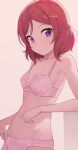  1girl bra breasts cleavage closed_mouth commentary highres hiroki_(yyqw7151) looking_at_viewer love_live! love_live!_school_idol_project medium_breasts navel nishikino_maki panties pink_bra pink_panties purple_eyes red_hair short_hair solo underwear underwear_only 