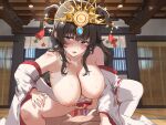  1boy 1girl black_hair breasts commentary_request girl_on_top highres horin indoors japanese_clothes large_breasts looking_at_viewer miko nipples original penis sex single_thighhigh solo_focus squatting_cowgirl_position sweat thighhighs white_thighhighs 